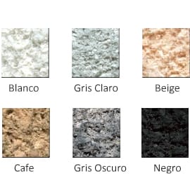 Colores de celulosa proyectada: blanco, gris claro, beige, café, gris oscuro y negro